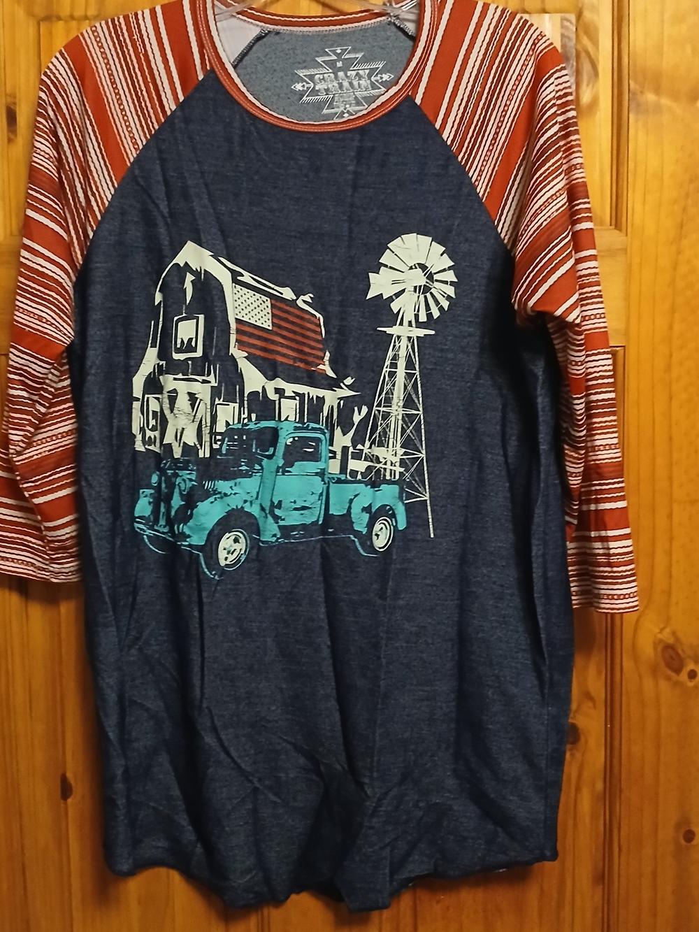Crazy Train Blue Raglan Tee with Red Stripe Sleeves and Truck Graphic